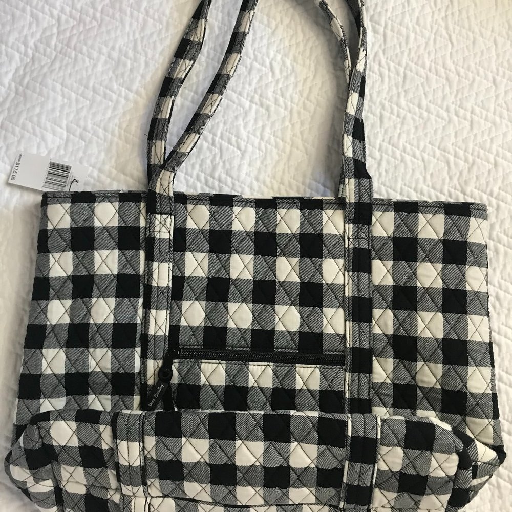 NWT Vera Bradlley  Black Pearl Buffalo Check Plaid Large Tote Purse Bag